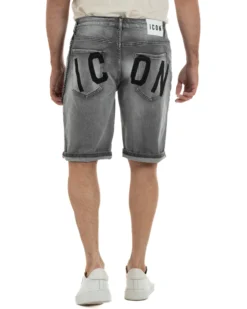 Bermuda pantaloncini uomo jeans rotture con catena e logo street style denim nero ICON-IUD031
