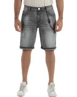 Bermuda pantaloncini uomo jeans rotture con catena e logo street style denim nero ICON-IUD031