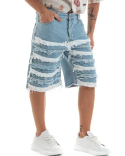Bermuda Pantaloncini Uomo Jeans Ripped Cinque Tasche Toppe Sfrangiato Denim GIOSAL-PC1940A