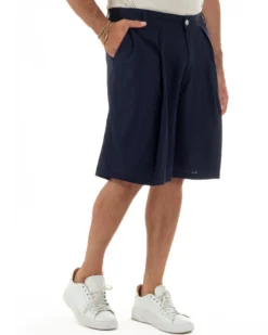 Bermuda pantaloncini uomo lino baggy fit pinces blu GIOSAL-PC2058A
