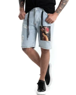 Bermuda Pantaloncino Corto Uomo Jeans Chiaro Stampa Cinque Tasche GIOSAL-PC1873A