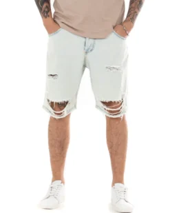 Bermuda Pantaloncino Uomo Denim Chiaro Sabbiato Rotture Cinque Tasche GIOSAL-PC1697A