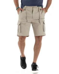 Bermuda Uomo Cargo Cotone Pantaloni Laccio Beige PC1985A