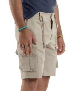 Bermuda Uomo Cargo Cotone Pantaloni Laccio Beige PC1985A