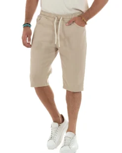 Bermuda uomo cotone pantaloncini coulisse jeans basic beige GIOSAL-PC2010A