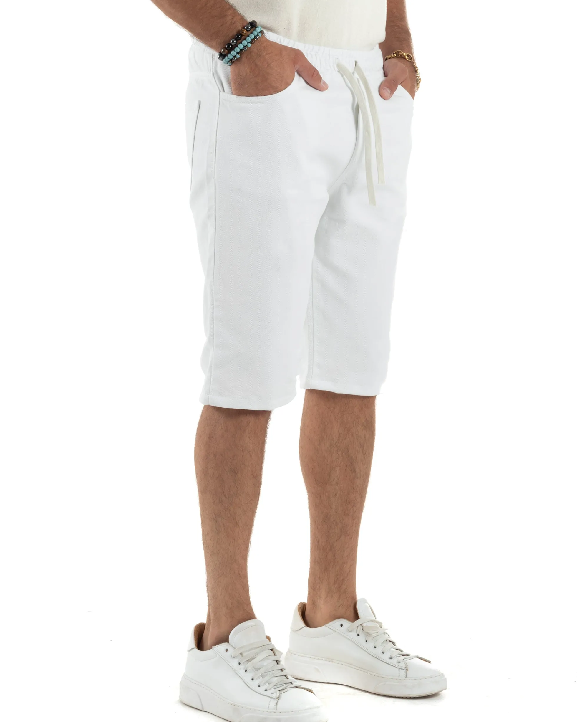 Bermuda uomo cotone pantaloncini coulisse jeans basic bianco GIOSAL-PC2012A