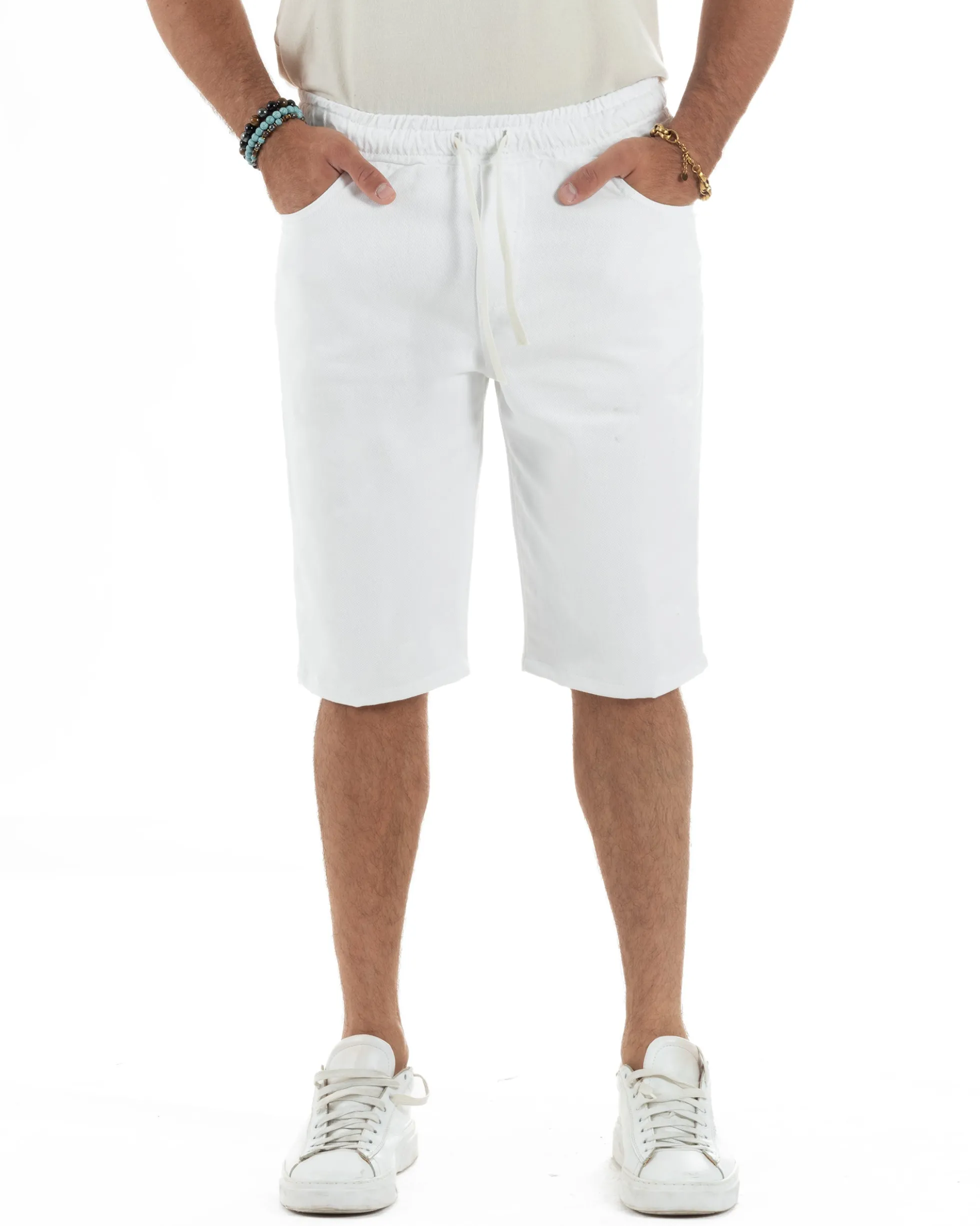 Bermuda uomo cotone pantaloncini coulisse jeans basic bianco GIOSAL-PC2012A