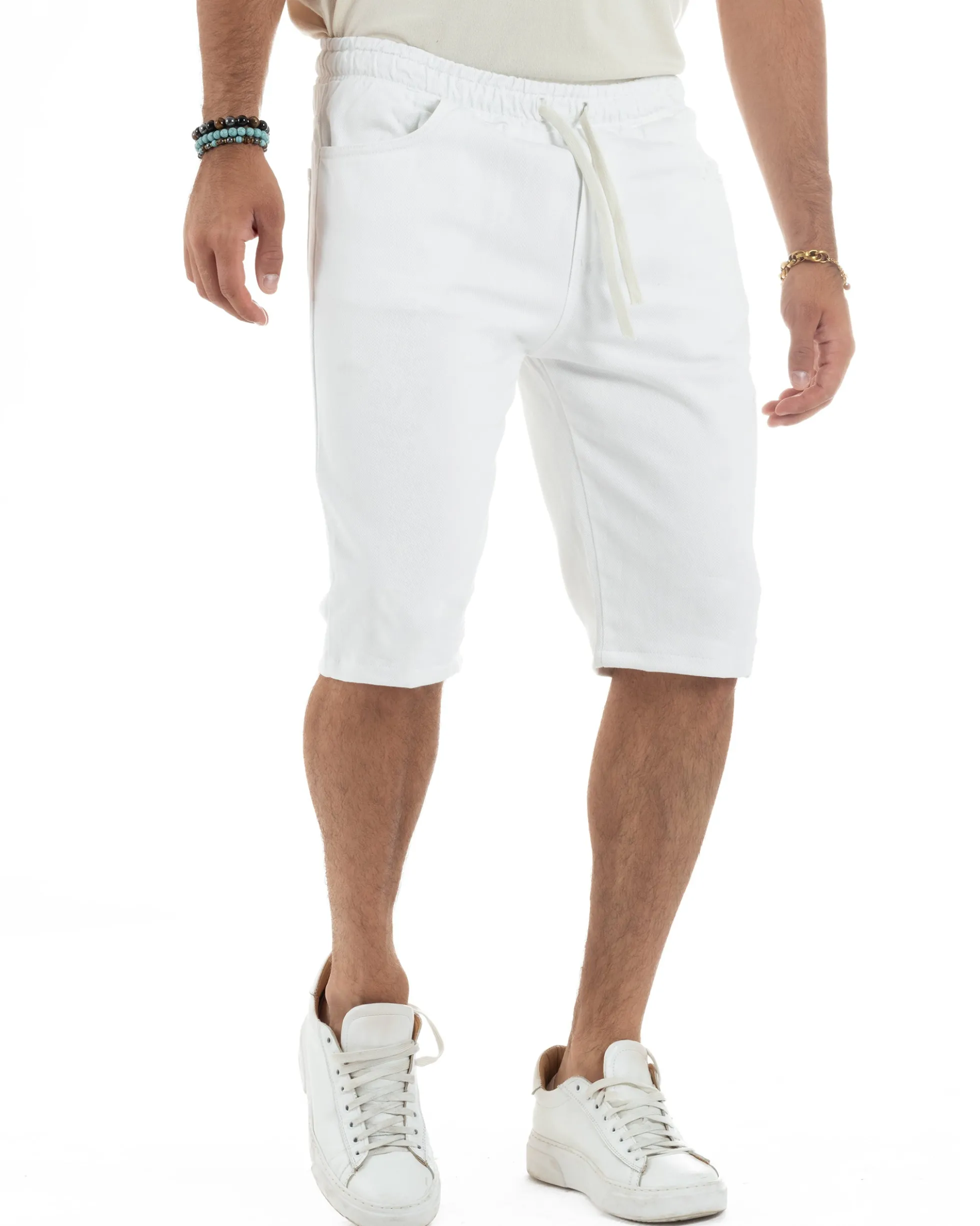 Bermuda uomo cotone pantaloncini coulisse jeans basic bianco GIOSAL-PC2012A