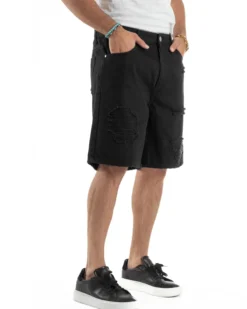 Bermuda Uomo Cotone Pantaloni Jeans Rotture Nero PC1991A