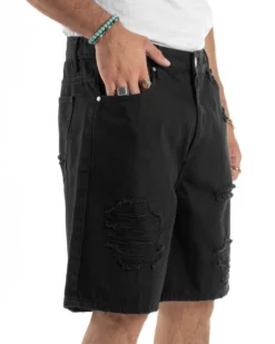 Bermuda Uomo Cotone Pantaloni Jeans Rotture Nero PC1991A