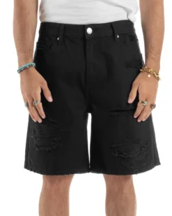Bermuda Uomo Cotone Pantaloni Jeans Rotture Nero PC1991A
