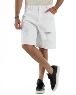 Bermuda Uomo Cotone Pantaloni Jeans Rotture Bianco PC1992A