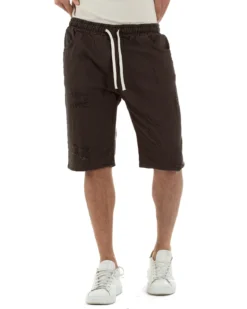 Bermuda uomo cotone pantaloncini coulisse rotture jeans marrone GIOSAL-PC2036A