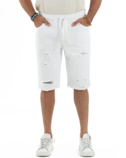 Bermuda uomo cotone pantaloncini coulisse rotture jeans bianco GIOSAL-PC2002A