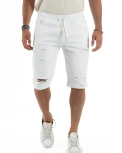 Bermuda uomo cotone pantaloncini coulisse rotture jeans bianco GIOSAL-PC2002A