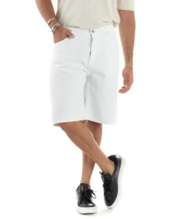 Bermuda Uomo Cotone Pantaloncini Corti Basic Jeans Cinque Tasche Casual Oversize Wide Leg Tinta Unita Denim Bianco GIOSAL-PC1981A