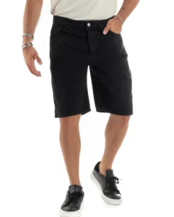 Bermuda Uomo Cotone Pantaloncini Corti Basic Jeans Cinque Tasche Casual Oversize Wide Leg Tinta Unita Denim Nero GIOSAL-PC1980A
