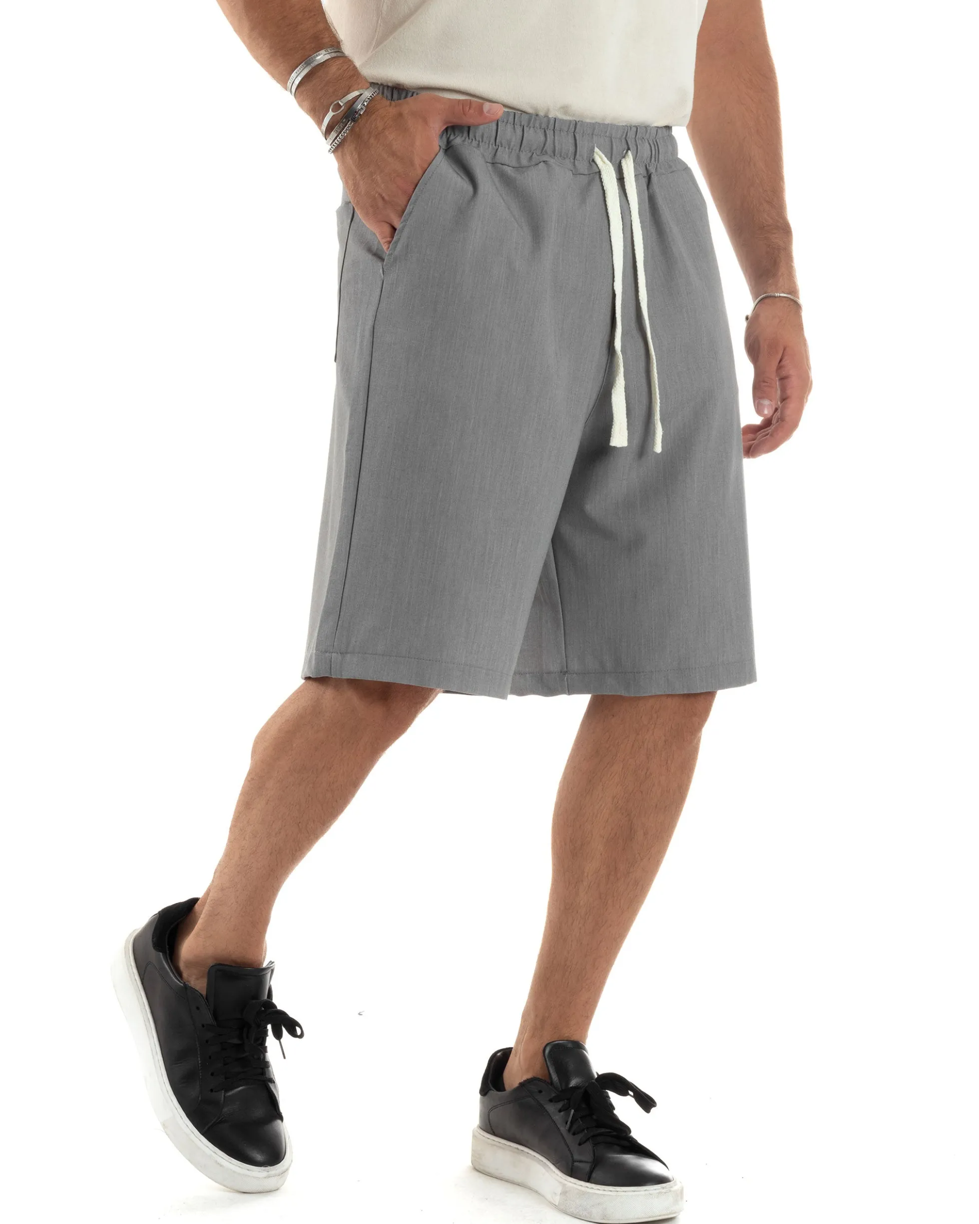 Bermuda uomo viscosa pantalaccio corto jogger wide leg oversize grigio GIOSAL-PC1968A