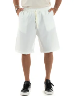 Bermuda uomo viscosa pantalaccio corto jogger wide leg oversize bianco GIOSAL-PC1970A