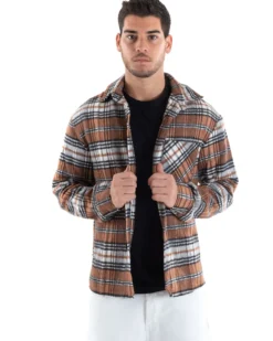 Camicia Camicione Uomo Tartan Con Colletto Overshirt Caldo Fantasia Quadri Scozzese Casual Camel GIOSAL-C2649A