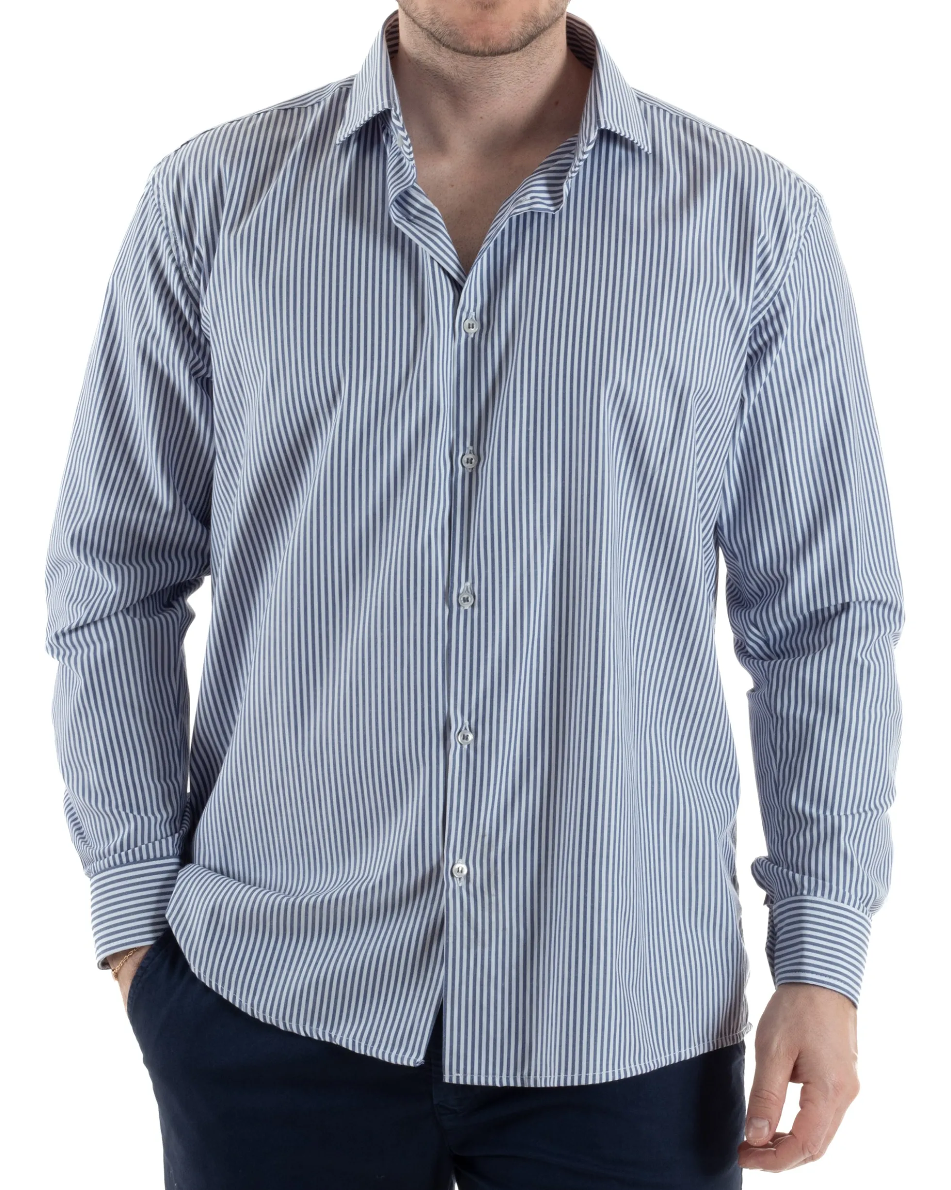 Camicia Collo Francese Cotone Rigata Blu TCC1005A