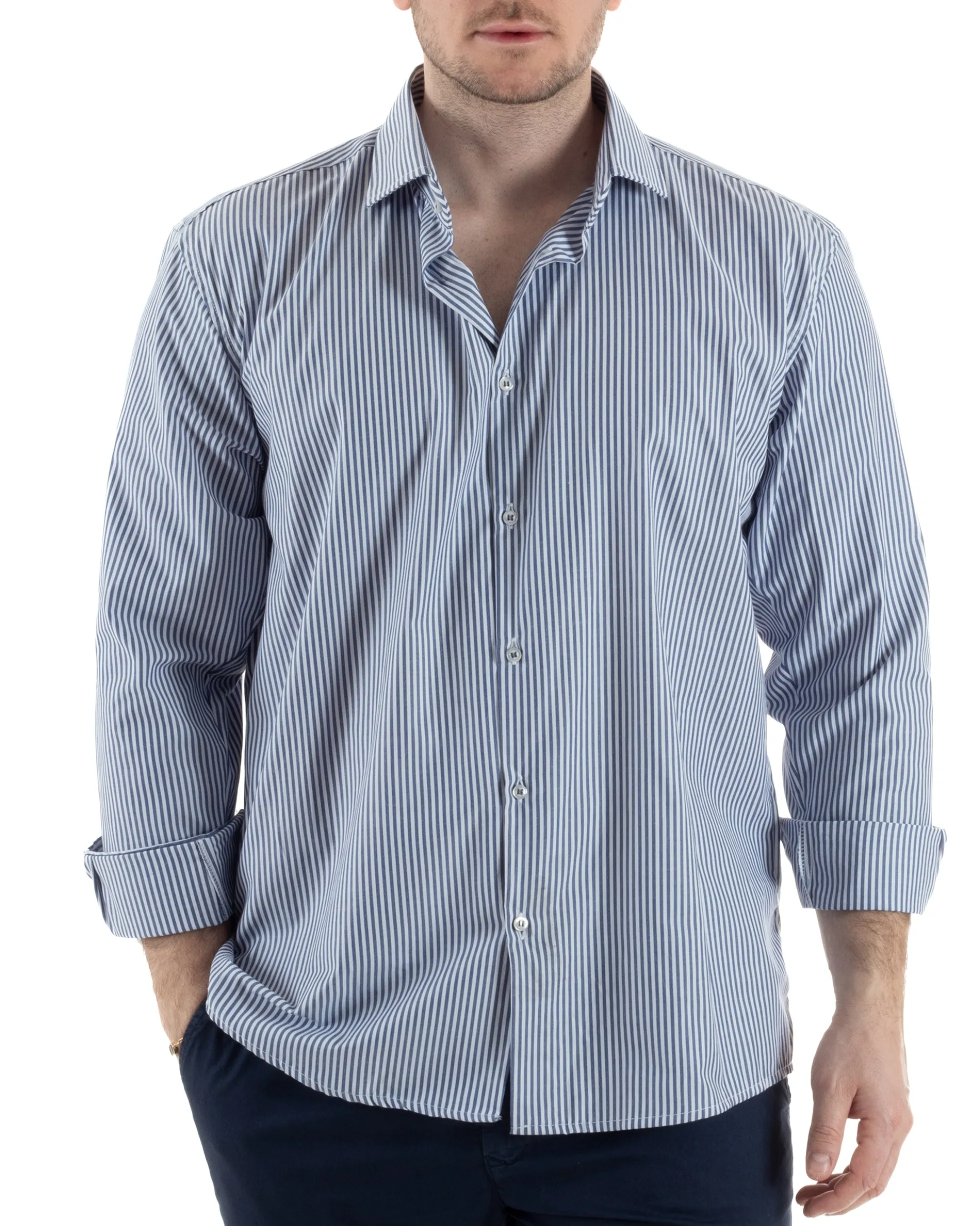 Camicia Collo Francese Cotone Rigata Blu TCC1005A