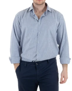 Camicia Collo Francese Cotone Rigata Blu TCC1005A