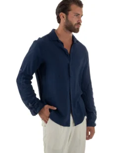 Camicia Collo Francese Lino Slim Fit Basic Blu C3035A