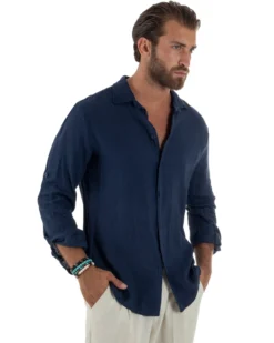 Camicia Collo Francese Lino Slim Fit Basic Blu C3035A