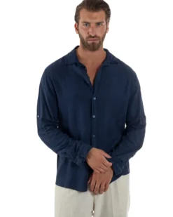 Camicia Collo Francese Lino Slim Fit Basic Blu C3035A