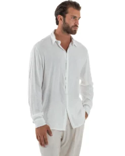 Camicia Collo Francese Lino Slim Fit Basic Bianco C3032A