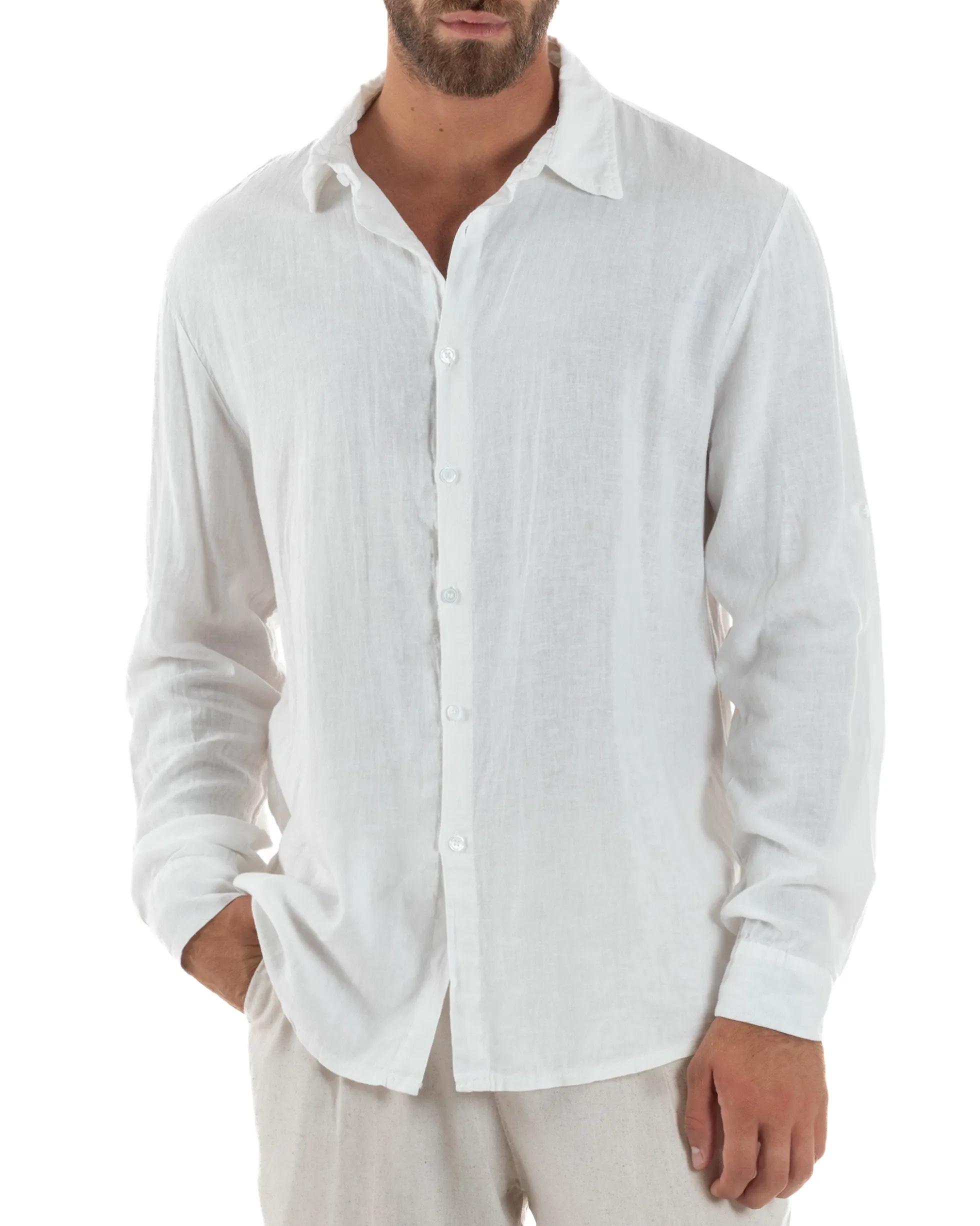 Camicia Collo Francese Lino Slim Fit Basic Bianco C3032A