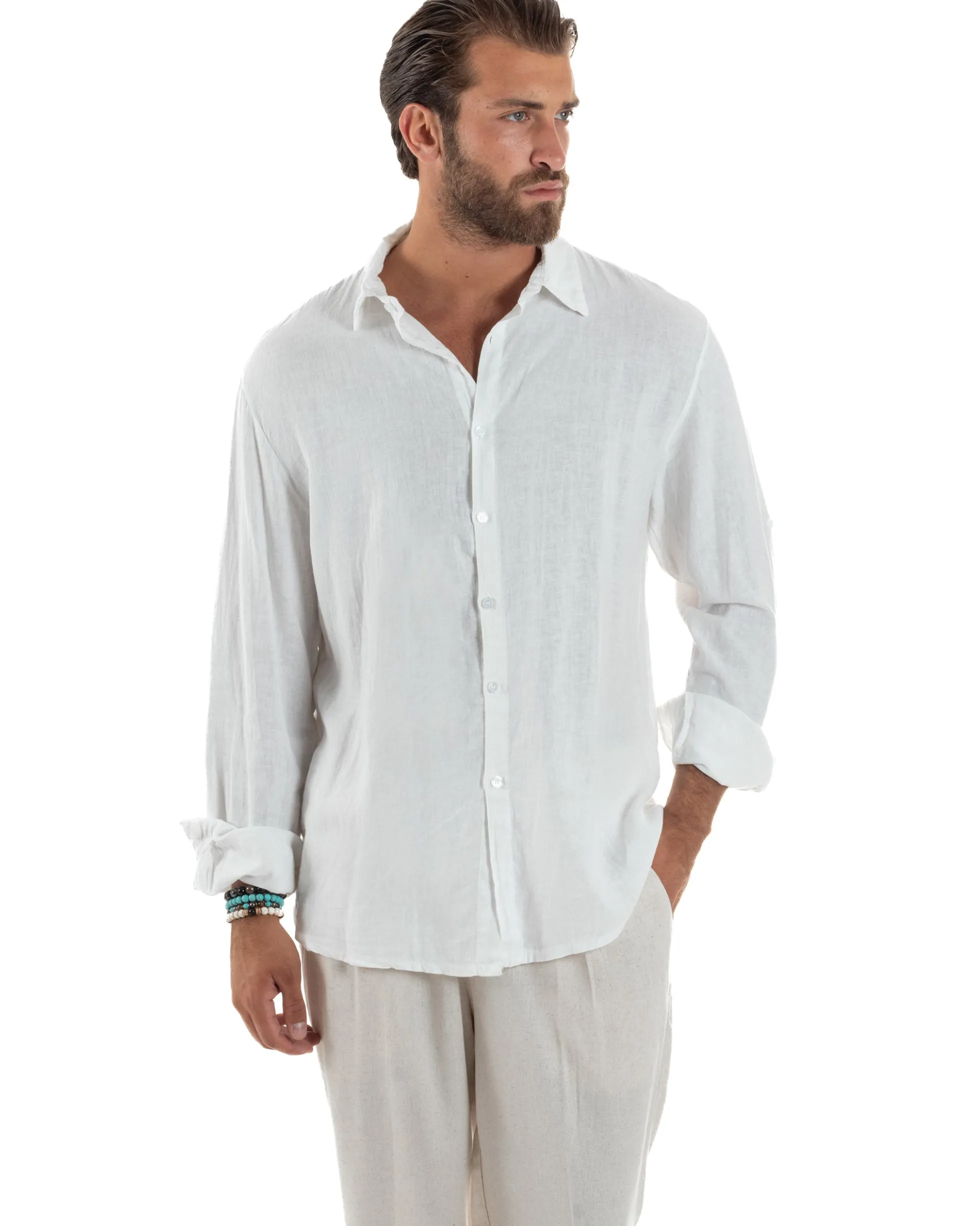Camicia Collo Francese Lino Slim Fit Basic Bianco C3032A