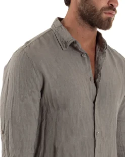 Camicia Collo Francese Lino Slim Fit Basic Fango C3034A