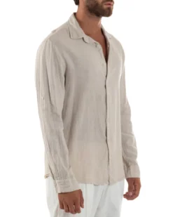 Camicia Collo Francese Lino Slim Fit Basic Beige C3038A