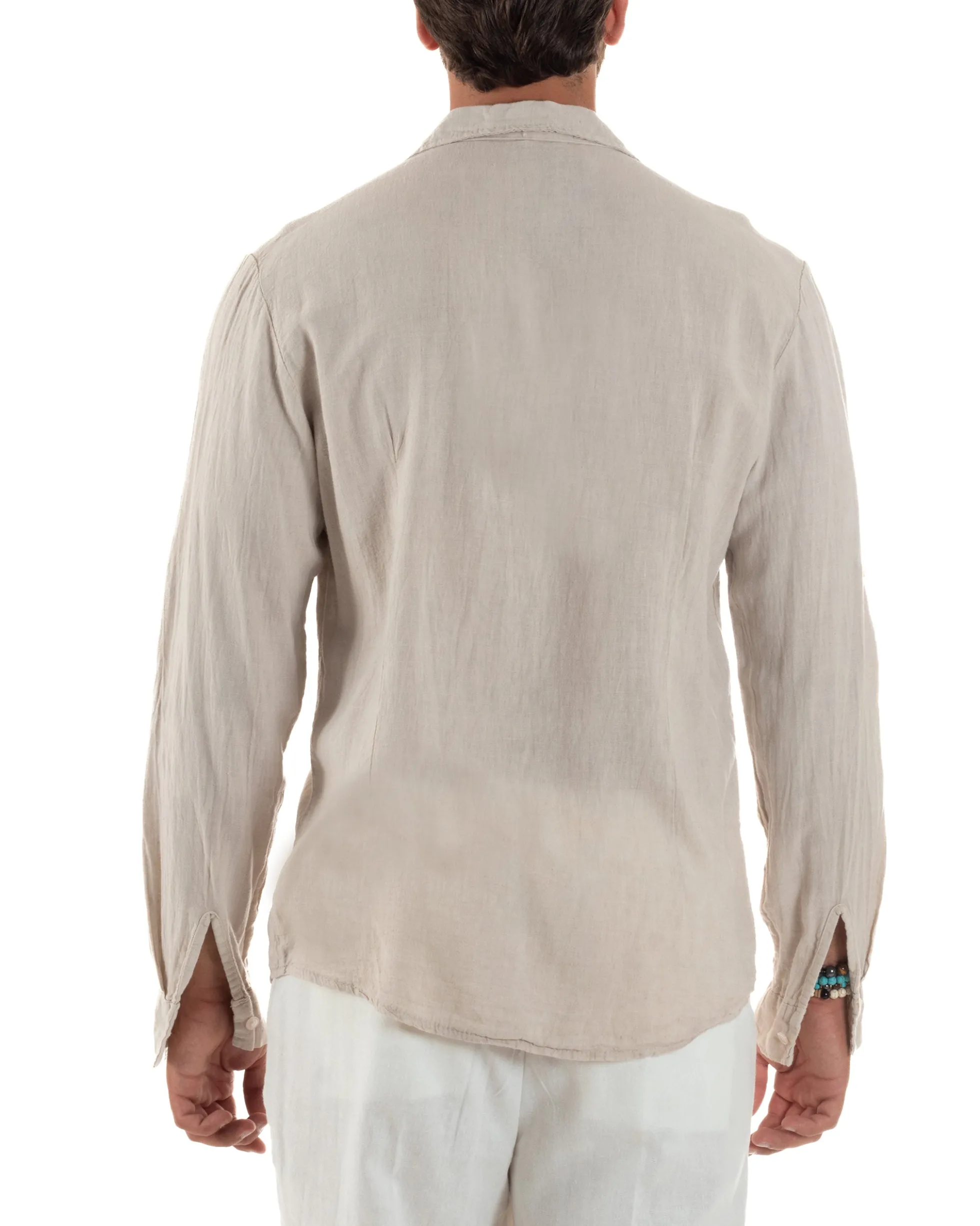 Camicia Collo Francese Lino Slim Fit Basic Beige C3038A