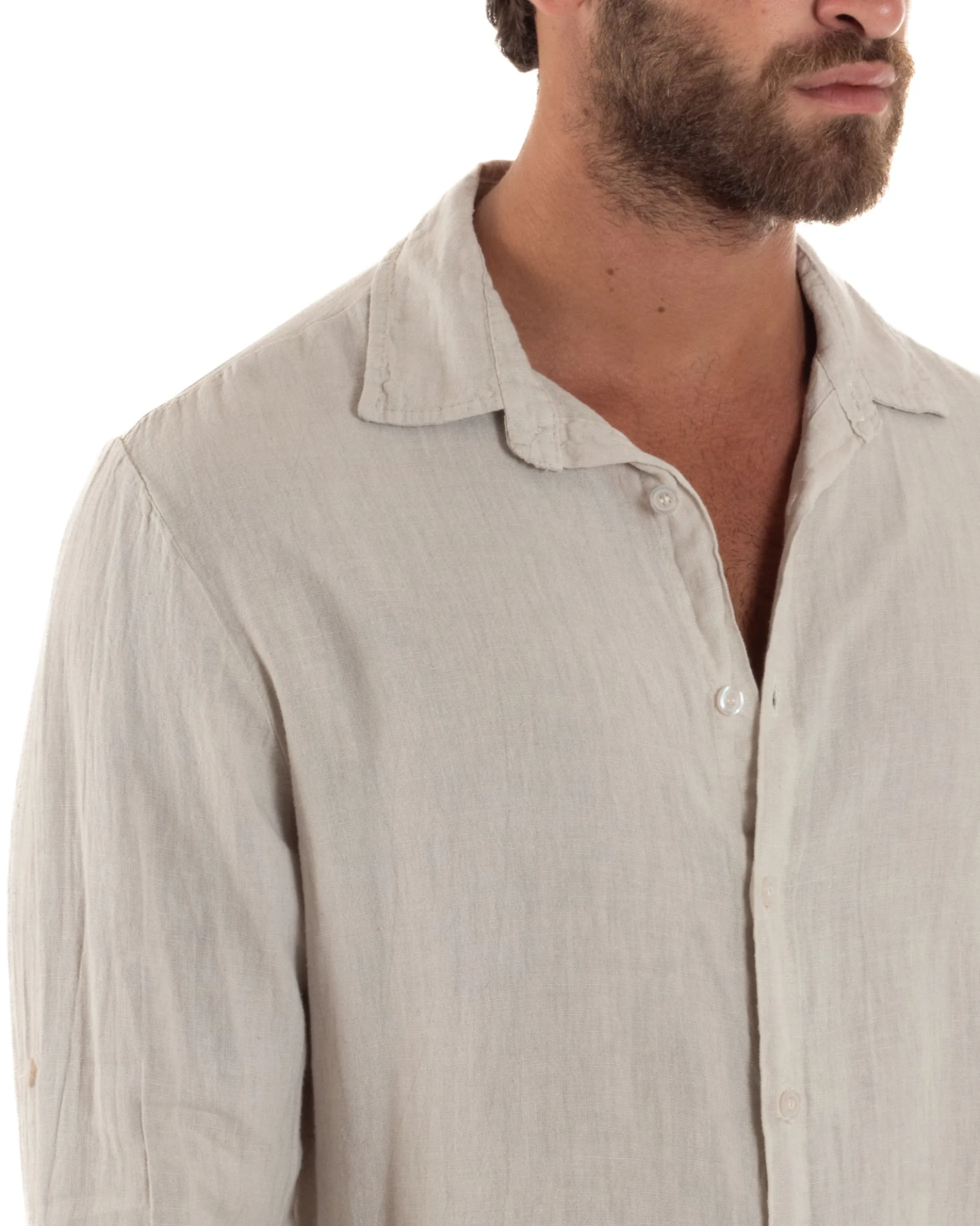 Camicia Collo Francese Lino Slim Fit Basic Beige C3038A