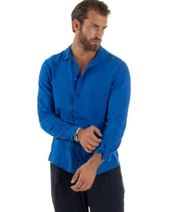 Camicia Collo Francese Lino Slim Fit Basic Blu Royal C3030A