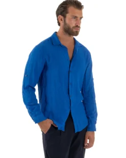 Camicia Collo Francese Lino Slim Fit Basic Blu Royal C3030A