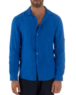 Camicia Collo Francese Lino Slim Fit Basic Blu Royal C3030A