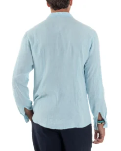 Camicia Collo Francese Lino Slim Fit Basic Celeste C3026A