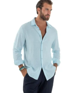Camicia Collo Francese Lino Slim Fit Basic Celeste C3026A