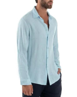Camicia Collo Francese Lino Slim Fit Basic Celeste C3026A