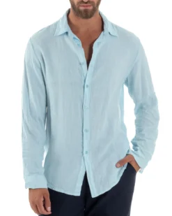 Camicia Collo Francese Lino Slim Fit Basic Celeste C3026A