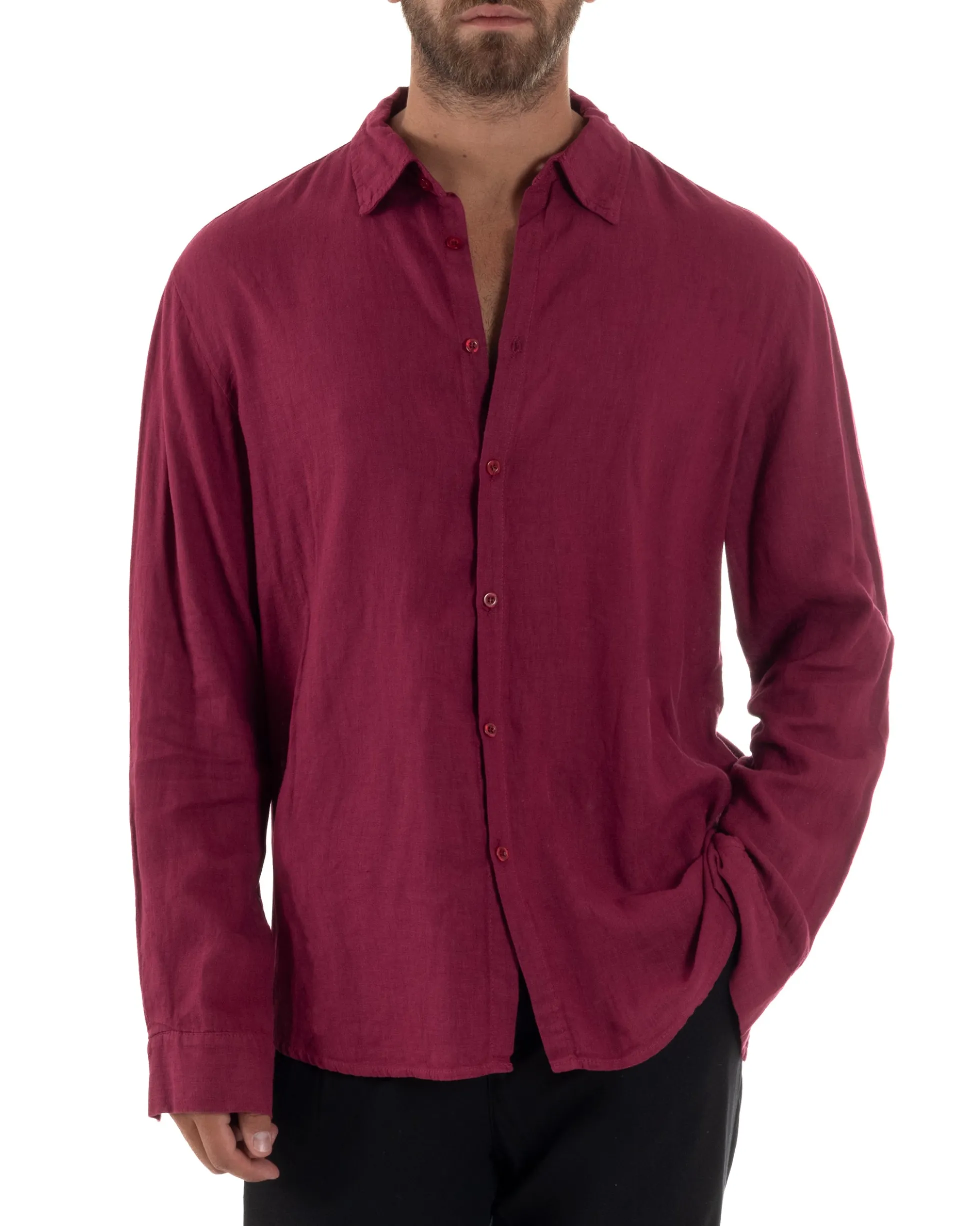 Camicia Collo Francese Lino Slim Fit Basic Bordeaux C3027A