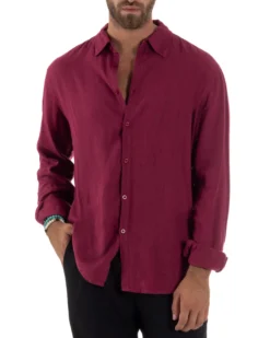 Camicia Collo Francese Lino Slim Fit Basic Bordeaux C3027A