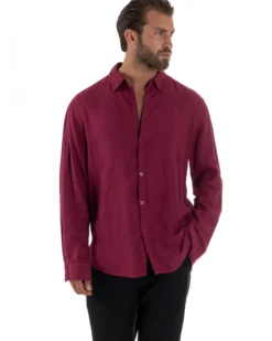 Camicia Collo Francese Lino Slim Fit Basic Bordeaux C3027A