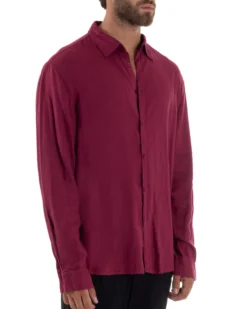Camicia Collo Francese Lino Slim Fit Basic Bordeaux C3027A