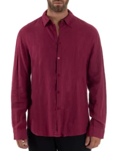 Camicia Collo Francese Lino Slim Fit Basic Bordeaux C3027A