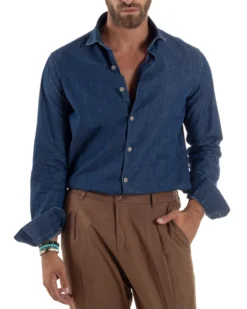 Camicia Jeans Collo Francese Cotone Denim Scuro C3013A